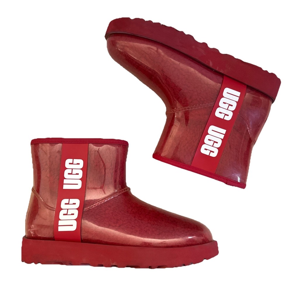 UGG Rain Boots Women 6 Red Waterproof Rubber Fur Lined Ankle Logo Droplet